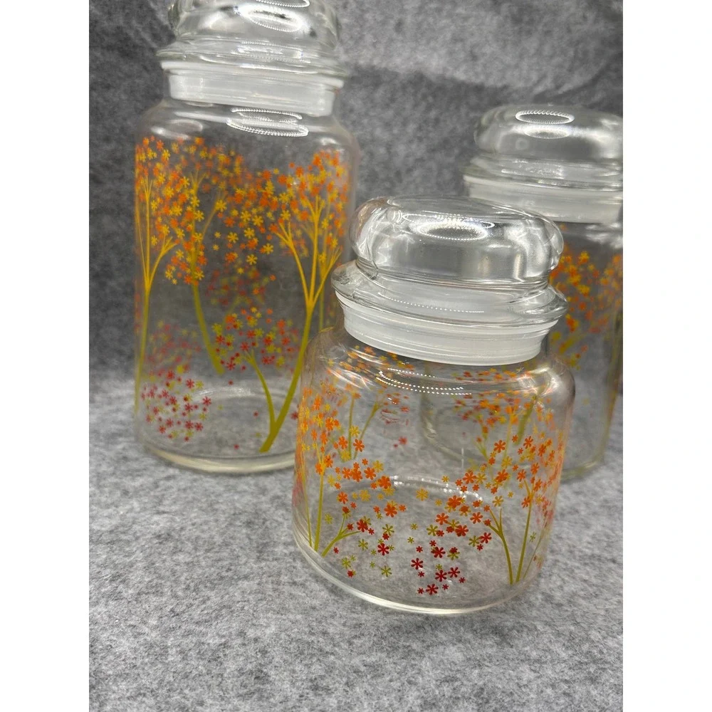 Vintage Glass Canister Set 3 Autumn Floral Tree Orange Yellow Red USA Made